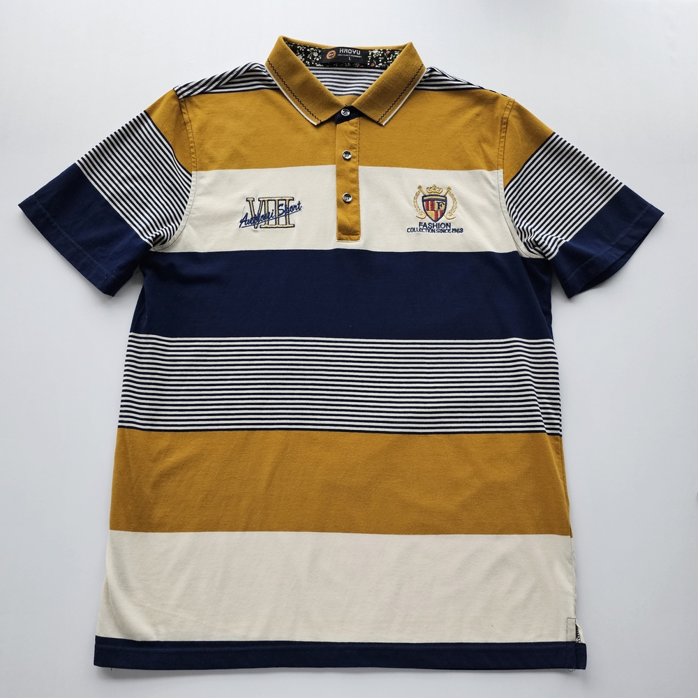 Men's Bold Striped Polo Shirt - Mustard, White, and Navy